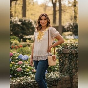 Jenny Hand Crocheted And Ruffled 100% Silk Blouse SWith Flutter Sleeve